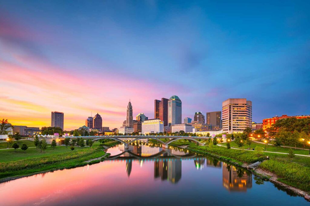 Columbus, Ohio, skyline on the river at dusk