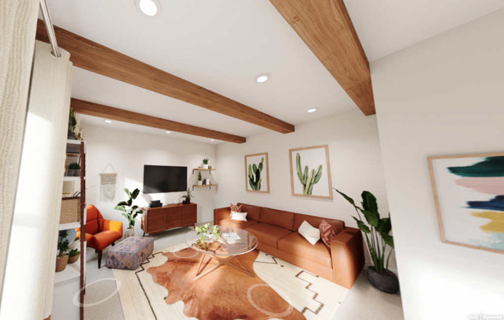 Great room: faux wood beams with recessed lights